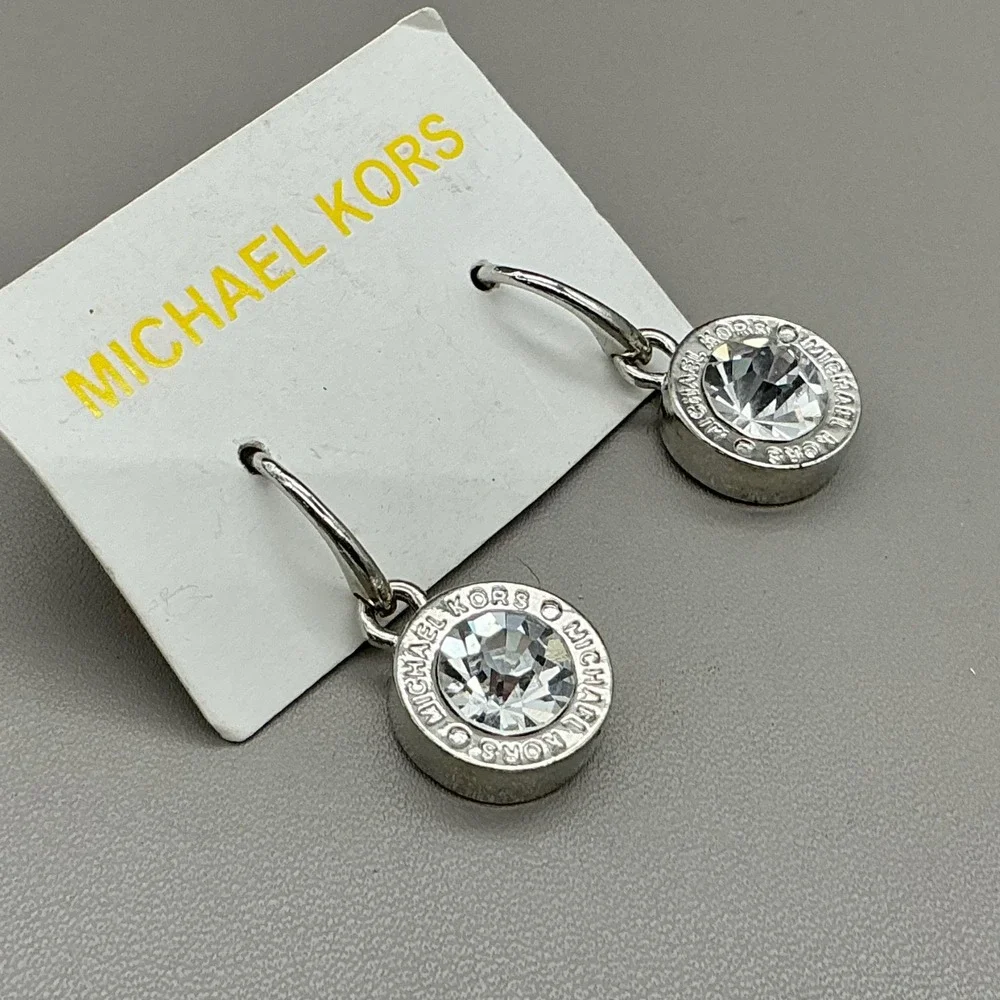 Michael Kors Silver Tone Crystal Logo Drop Earrings MK Fashion Jewelry 8048